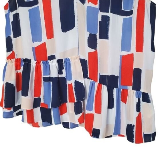 HALOGEN Womens Blouse Medium Sleeveless Color Block Sheer Peplum Ruffle Red Blue - Picture 3 of 8